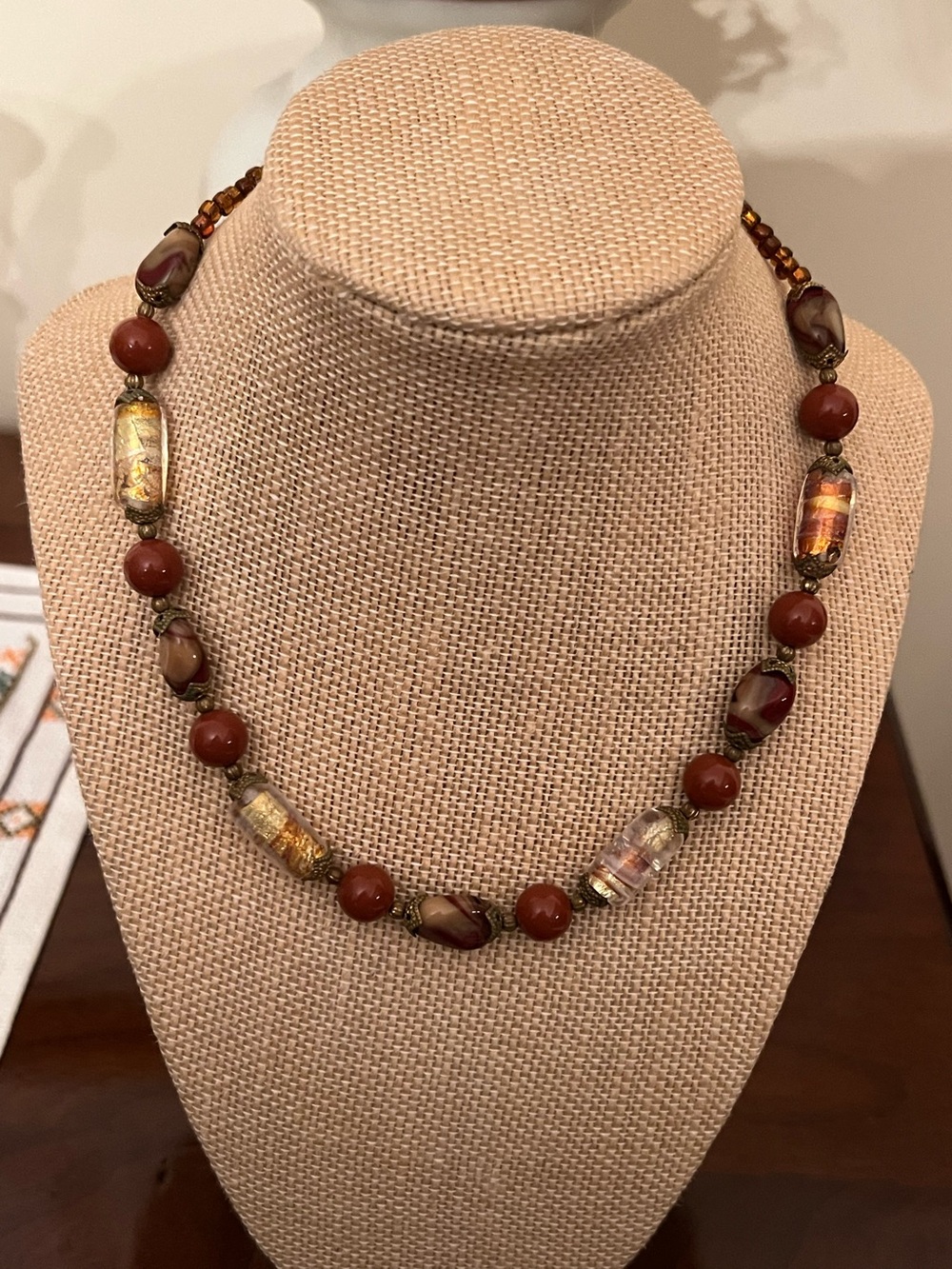 Brown and gold glass bead necklace 16”